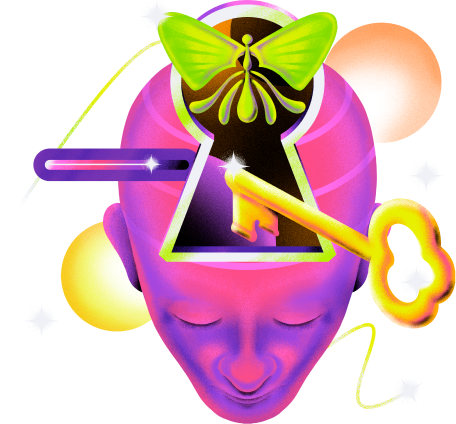 Imagem de uma cabeça flutuante com uma fechadura e uma chave centralizada no cérebro