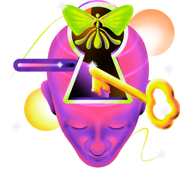 Imagem de uma cabeça flutuante com uma fechadura e uma chave centralizada no cérebro Imagem de uma cabeça flutuante com uma fechadura e uma chave centralizada no cérebro